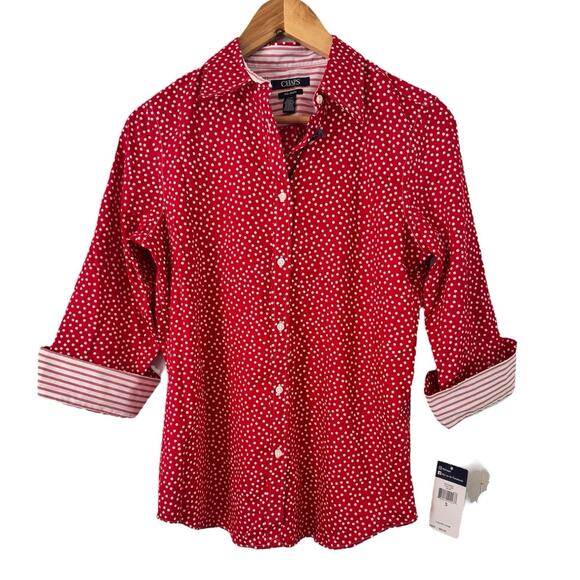 NWT Chaps Red Polka Dot No Iron Women’s Button Front Slimming Shirt Small - Picture 1 of 6